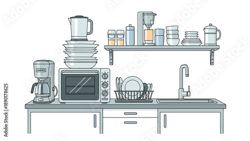 Clean kitchen countertop featuring various appliances like a microwave, coffee maker, and neatly stacked dishes.