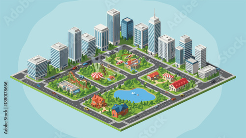 Isometric view of a modern city block with tall office buildings, residential houses, and a large central park area.