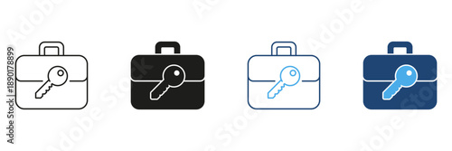 Briefcase With Key Icon Set. Security, Access Control, And Business Confidentiality Outline And Silhouette Symbol Collection. Secure Document Management. Isolated Vector Illustration
