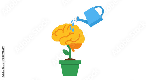 Vibrant illustration showcasing a brain sprouting from a pot, actively watered to symbolize intellectual development, continuous learning, and the nurturing of innovative ideas and mental growth