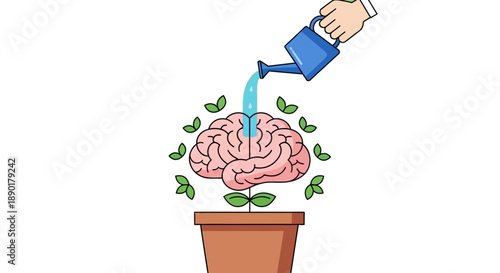 Conceptual illustration of a hand watering a brain in a pot, symbolizing intellectual growth, continuous learning, and the cultivation of new ideas