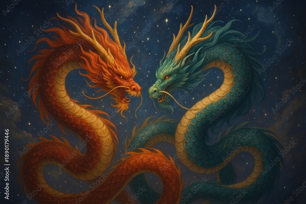 Fototapeta premium Vibrant mythical dragon confrontation
