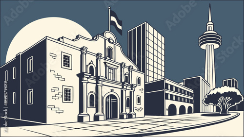 San antonios iconic skyline, featuring the alamo and tower of the americas, showcases the citys rich history and modern architecture. Ideal for travel blogs or texasthemed designs.