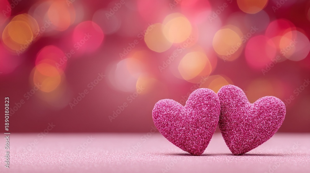 Fototapeta premium Two red hearts on a pink sparkling background, with soft bokeh lighting, romantic decorative design elements, perfect for Valentine's Day celebration