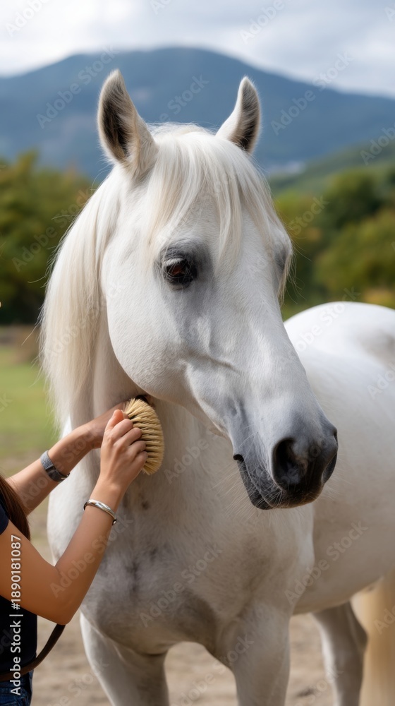 Obraz premium Person caressing the coat of a white horse with soft grooming brush, set against scenic outdoor backdrop 