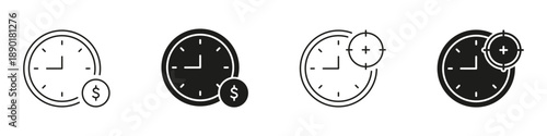 Clock With Dollar And Target Icon Set. Time Management, Financial Planning, And Goal Setting Silhouette Symbol Collection. Business Efficiency And Productivity. Isolated Vector Illustration