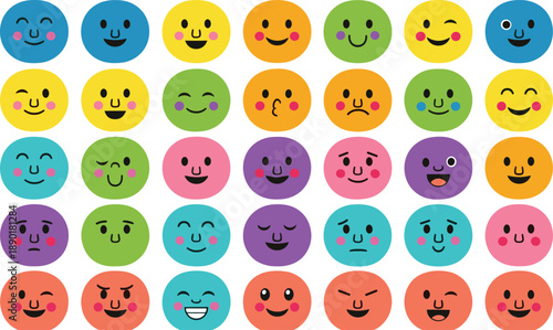 Large colorful emoji face collection with various emotions expressions moods and cute cartoon reaction icons