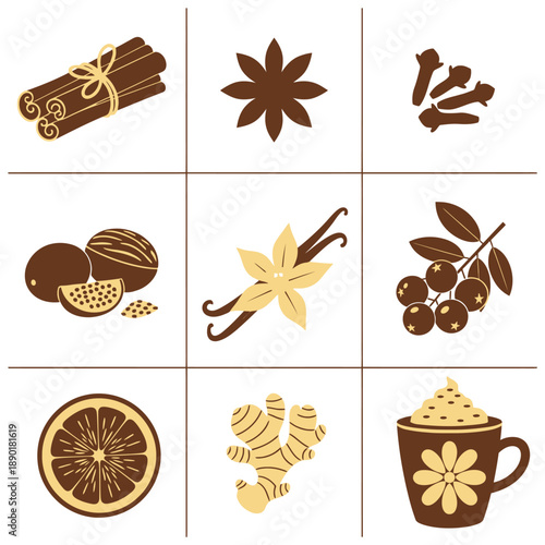 Professional duotone icon set illustration of festive holiday spices cinnamon, star anise, nutmeg, ginger in warm mocha brown, highlighting winter flavors and conceptual pomander components