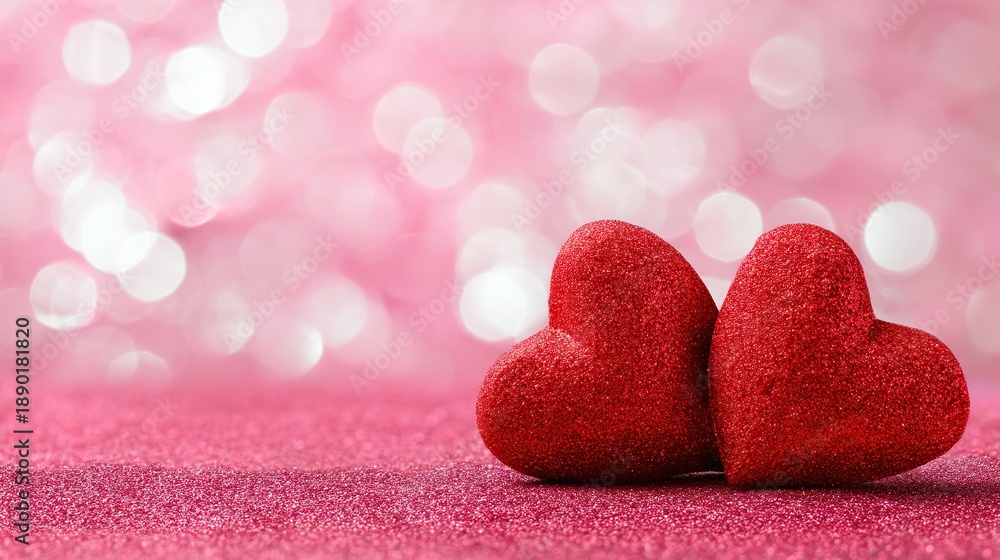 Obraz premium Two red hearts on a pink sparkling background, with soft bokeh lighting, romantic decorative design elements, perfect for Valentine's Day celebration
