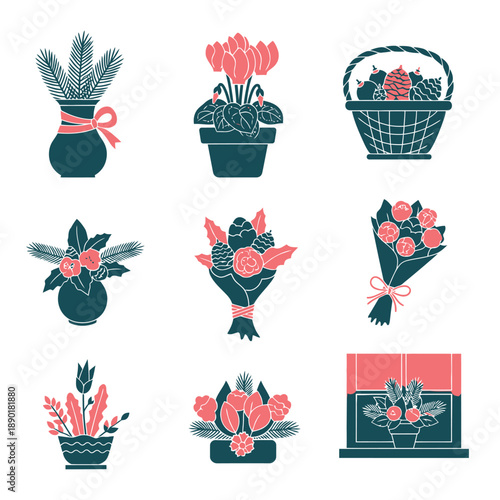 Striking Deep Teal and Coral Pink duotone graphic illustration icons depicting various minimalist indoor winter floral arrangements and decorations arranged in a clean set