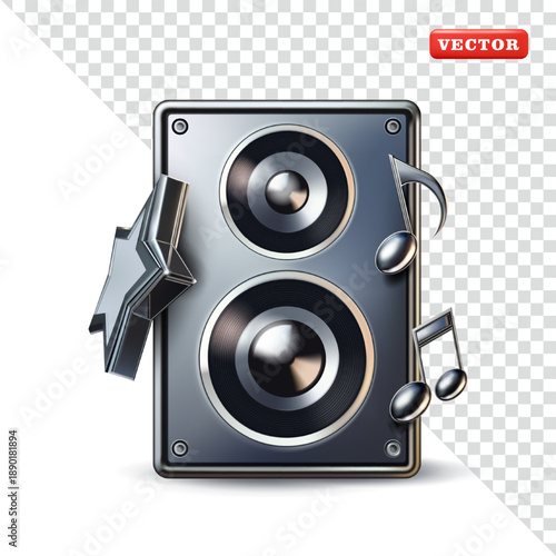Music speaker with star and musical note decoration made of shiny silver metal, 3D vector. Suitable for music and design elements