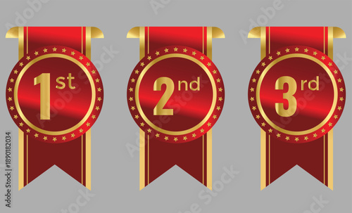 1st, 2nd, 3rd awards medal badge. Success and honor signs. Top three finishers symbols. Gold silver and bronze winner symbols
