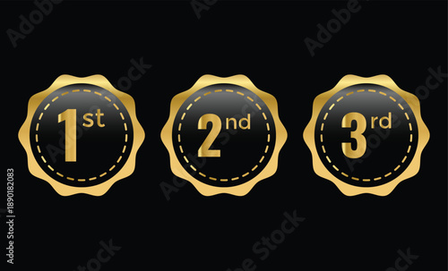 1st, 2nd, 3rd awards medal badge. Success and honor signs. Top three finishers symbols. Gold silver and bronze winner symbols
