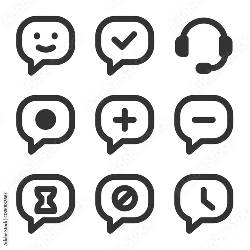 Set of nine communication icons: chat bubbles, headset, symbols.