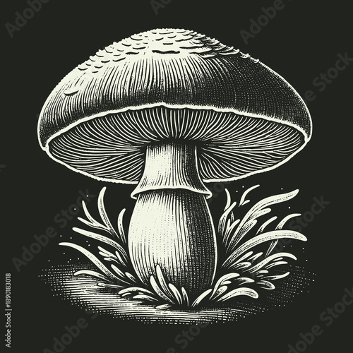 Detailed Mushroom Illustration with Intricate Hatching and Shading.