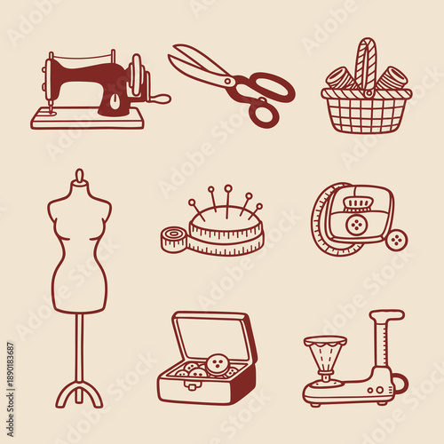 Collection of vintage sewing and tailoring tools icons with sewing machine scissors basket mannequin pin cushion measuring tape buttons and scales
