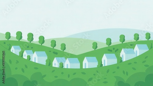 Quaint houses are integrated within a gently undulating green landscape featuring numerous trees and rolling hills, portraying an idyllic and environmentally harmonious rural village scene in a.