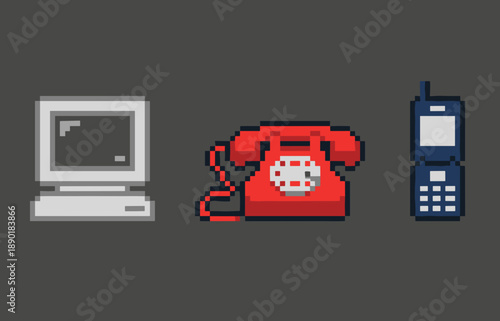 Retro electronic communication devices pixel art set featuring vintage desktop computer classic rotary landline telephone and mobile flip phone