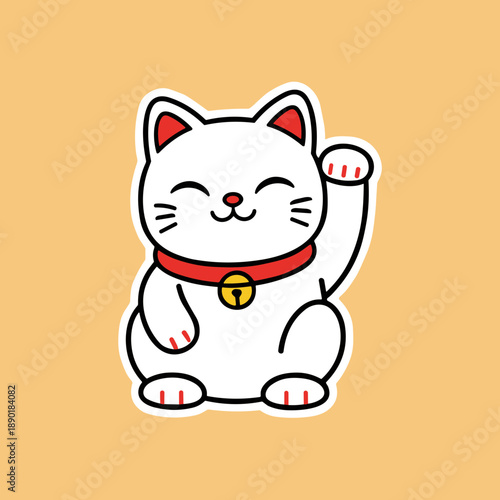 Lucky Maneki Neko Waving Cat Statue with Red Collar and Bell Golden Coin Japanese Fortune Symbol Isolated on Pastel Orange Background Sticker