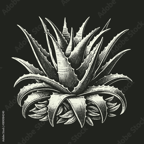 Detailed Aloe Vera Plant Illustration on Dark Background.