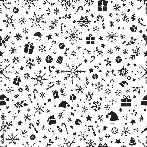 Christmas Pattern Vector – Black and White Seamless Holiday Background with Snowflakes, Gifts, Candy Canes, Holly, Ornaments, and Santa Hats