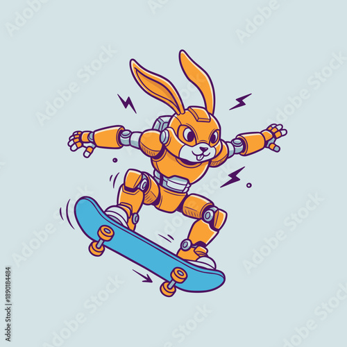 Futuristic Robot Rabbit Character Riding a Skateboard with Lightning Bolts, Sci-fi Cyborg Bunny Mascot in Modern Cyberpunk Comic Art Style