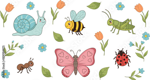 Cute garden insect illustration set with snail, bee, butterfly, grasshopper, ladybug, flowers, and leaves