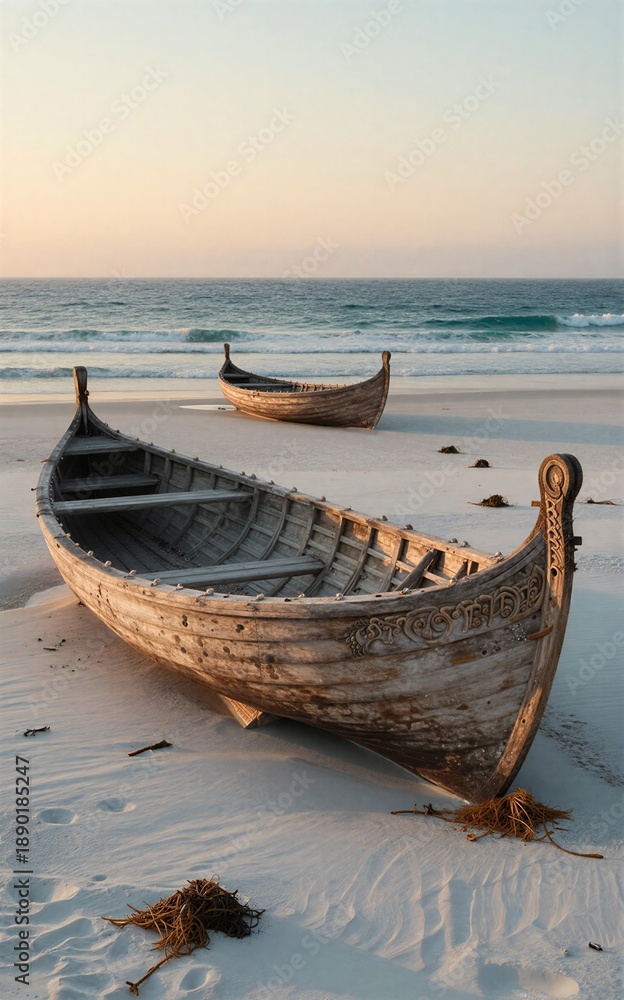 Fototapeta premium Weathered wooden boats rest on sandy shore, waves roll in under soft sunset glow.