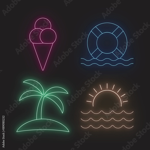 Neon Summer Icons Set Featuring Ice Cream, Lifesaver, Palm Tree, And Sunset Over Ocean Waves