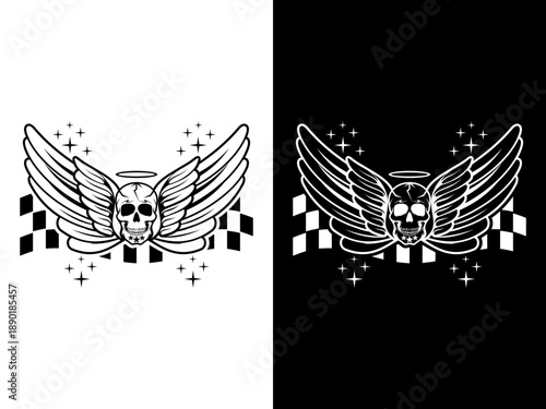Winged Skull Tattoo Design with Halo and Racing Checkered Flag