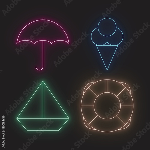 Neon Summer Icons Set Featuring Umbrella, Ice Cream, Boat And Lifesaver Vector Illustration