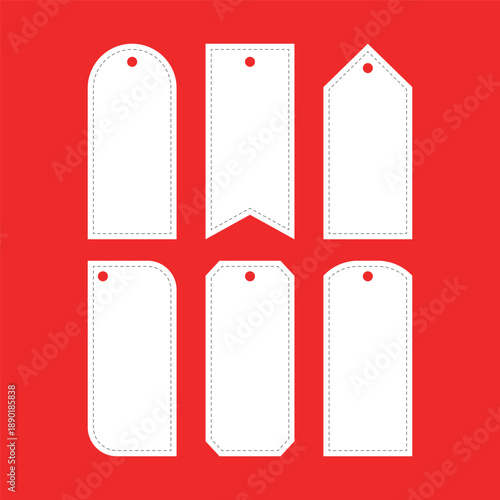 Blank White Sewing Price Tags Set on Red Background
