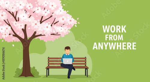 Remote Work in Spring Park Nature Scene Vector