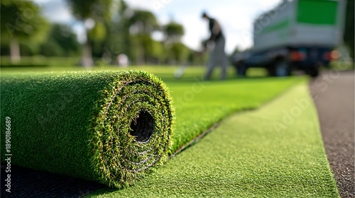 Close-up of rolled-up artificial turf being unrolled on a green putting area with maintenance work in the background
