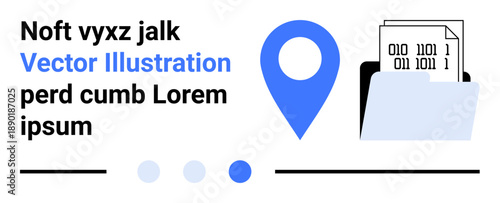 Binary-coded document in open folder paired with location marker, header text, and progress dots. Ideal for data storage, technology, cybersecurity, productivity, analytics, navigation simple