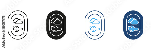 Airplane Window View With Clouds Icon Set. Travel And Aviation Experience Outline And Silhouette Symbol Collection. Journey And Flight Perspective. Isolated Vector Illustration
