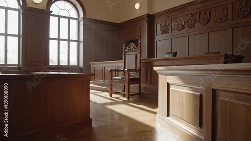 Elegant courtroom interior with rich wooden paneling and natural sunlight streaming through tall arched windows creating a
