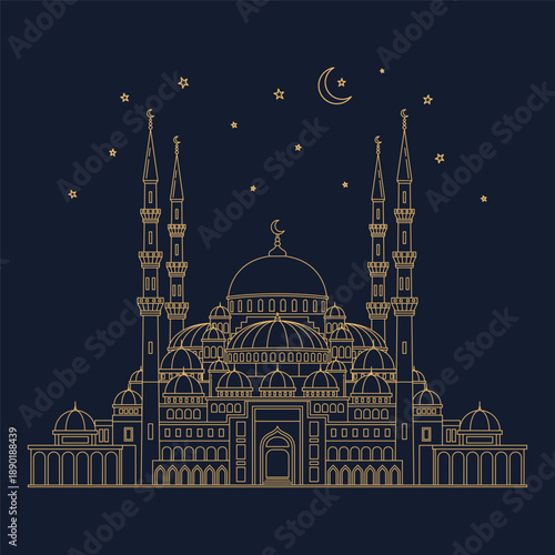 Ramadan night city skyline with mosque