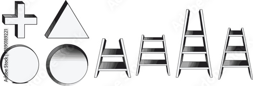 Geometric shapes, ladder icons, abstract design, 3D plus sign, triangle, circles, gradient sphere, visual comparison, structure, minimal vector art