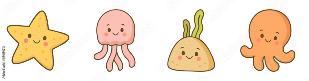 Obraz premium Cute Sea Creatures Characters Set Cartoon Illustration in Flat Style