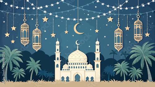 Serene mosque at night with lanterns and crescent moon
