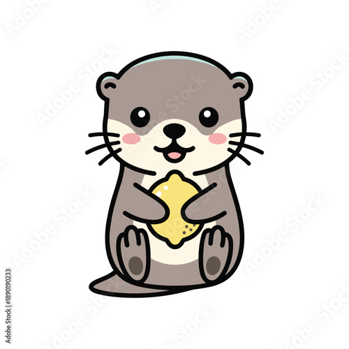 Cute cartoon otter holding a yellow fish with pink cheeks and black whiskers animal brown