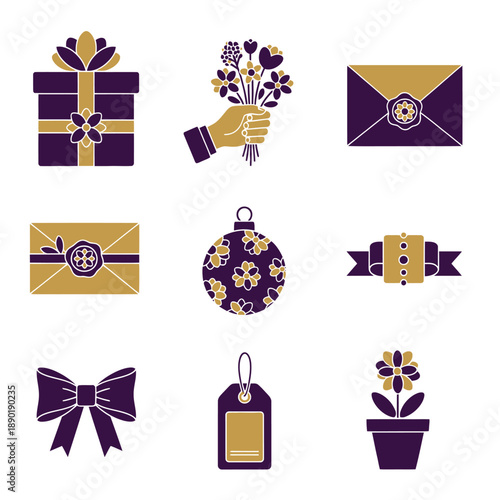 A set of professional Christmas gifting and floral packaging graphic icons, presented in a clean, minimalist duotone style using complementary Dark Purple and striking Gold colors