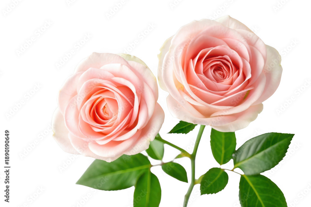 Naklejka premium Two delicate pink roses with green leaves isolated on transparent background