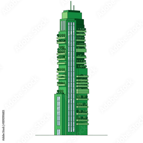 Modern skyscraper illustration with numerous balconies and a sleek design standing tall in a cityscape viewed from the front