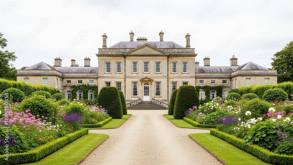 Fototapeta premium Large luxurious estate house with beautiful garden and pathway to entrance