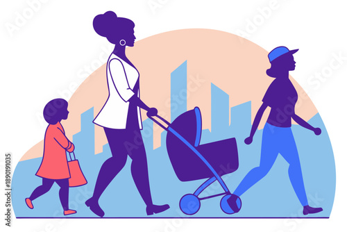 Diverse family enjoying a walk through a stylized city with a stroller