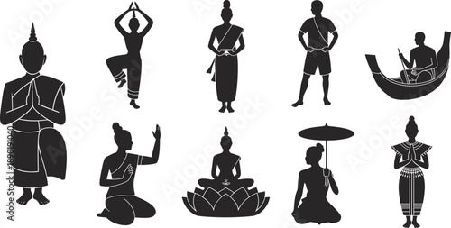 Thai culture silhouettes set featuring traditional dancers monks in prayer buddha on lotus and local people in folk costumes isolated on white background for travel design