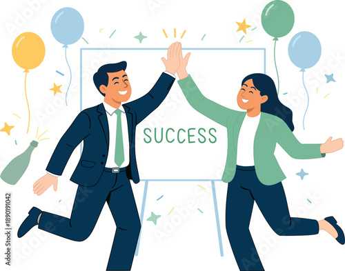 Cheerful businessman and businesswoman giving high five to celebrate business success, happy professional team jumping with confetti and balloons in office, goal achievement and victory concept, flat 