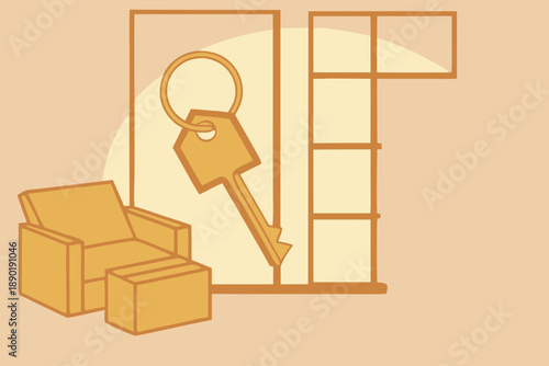 Golden Key Representing Home Ownership and New Beginnings Amidst Moving Boxes and Furniture